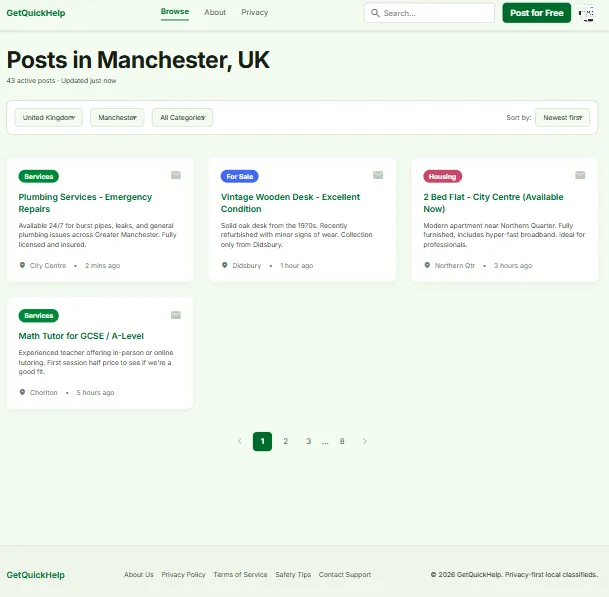GetQuickHelp — browsing local posts in Manchester, UK