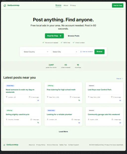 GetQuickHelp homepage — free local classifieds platform