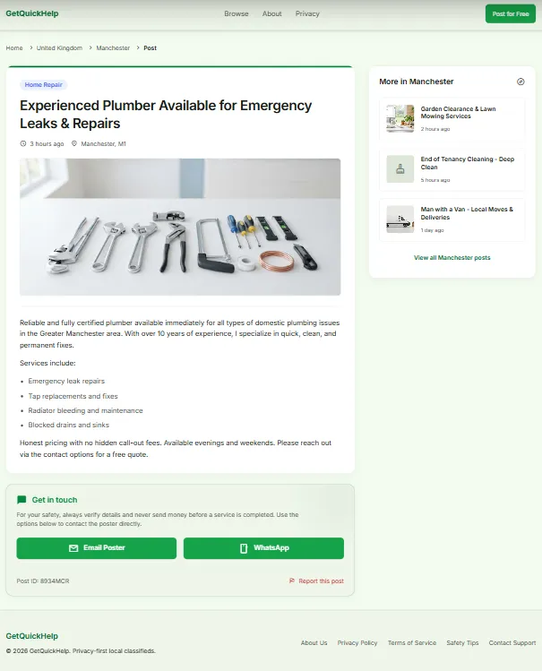 GetQuickHelp post detail page — plumber listing with contact options