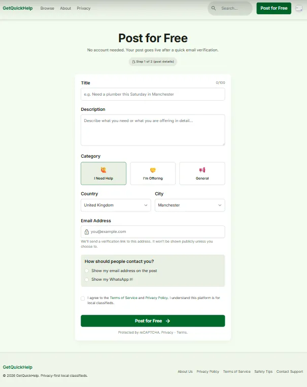 GetQuickHelp post form — no account needed