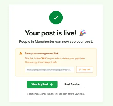 GetQuickHelp — post is live confirmation screen