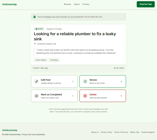 GetQuickHelp post management — edit, renew, delete via private link